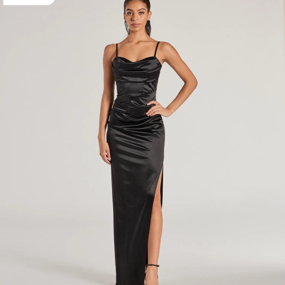 Iliana Cowl Neck High Slit Satin Column Dress Windsor